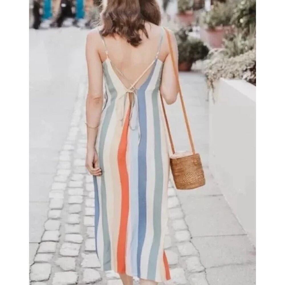 Reformation Rainbow Midi Dress 2 XS Striped V-neck spaghetti strap multicolor - Picture 4 of 11